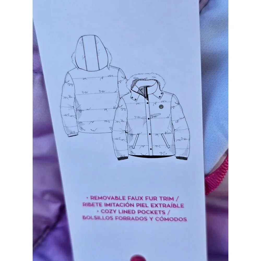 Justice Girls Puffer Jacket with Faux Fur Lined Hood Size L 12/14 Rainbow Pastel